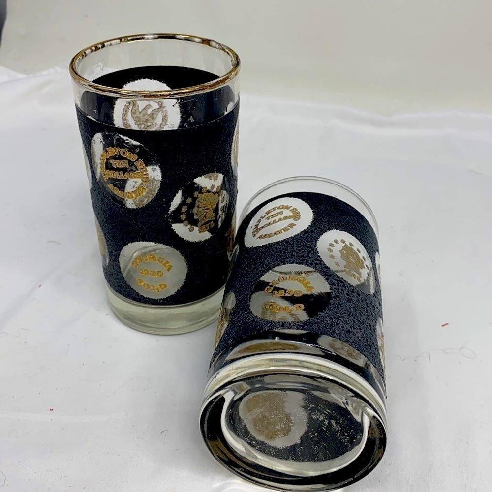 Set of 2 Vintage Libbey Glass Gray Gold Coin Tall Highball 12 oz glasses